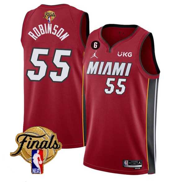 Mens Miami Heat #55 Duncan Robinson Red 2023 Finals Statement Edition With NO.6 Patch Stitched Basketball Jersey